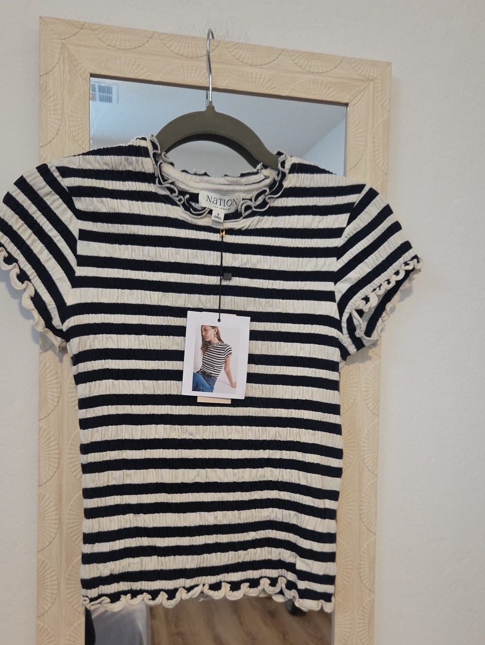 Nation LTD Navy Blue and White Striped Ruffle-Edge Short Sleeve Tee